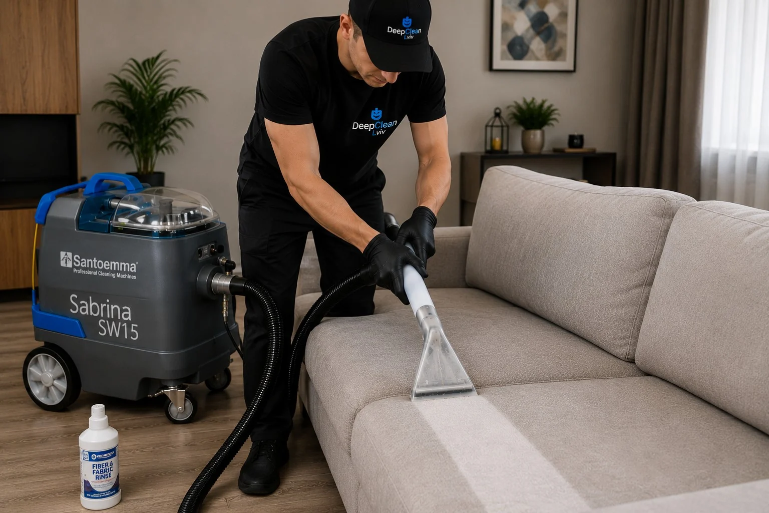Майстер DeepClean Lviv виконує хімчистку дивана обладнанням Santoemma